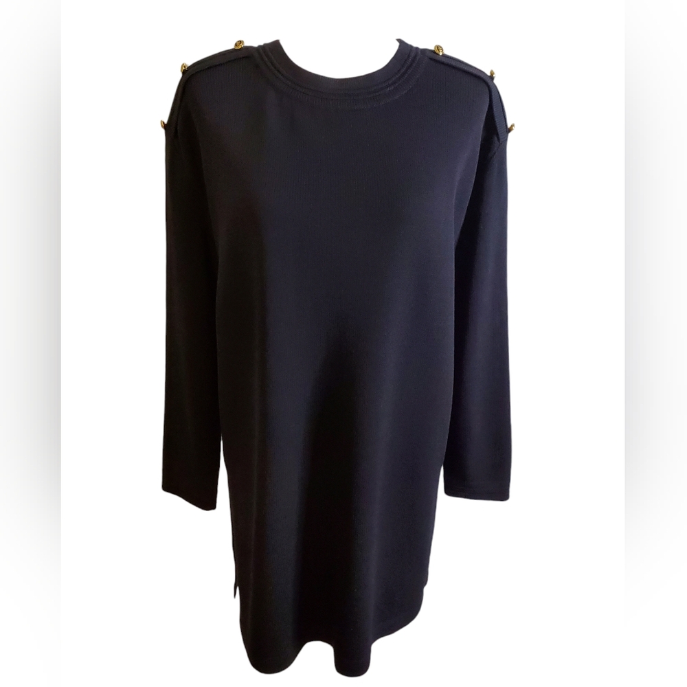 St‎ John Santana Knit Tunic Sweater Womens 8 Black Roomy Epaulets Stretch M L